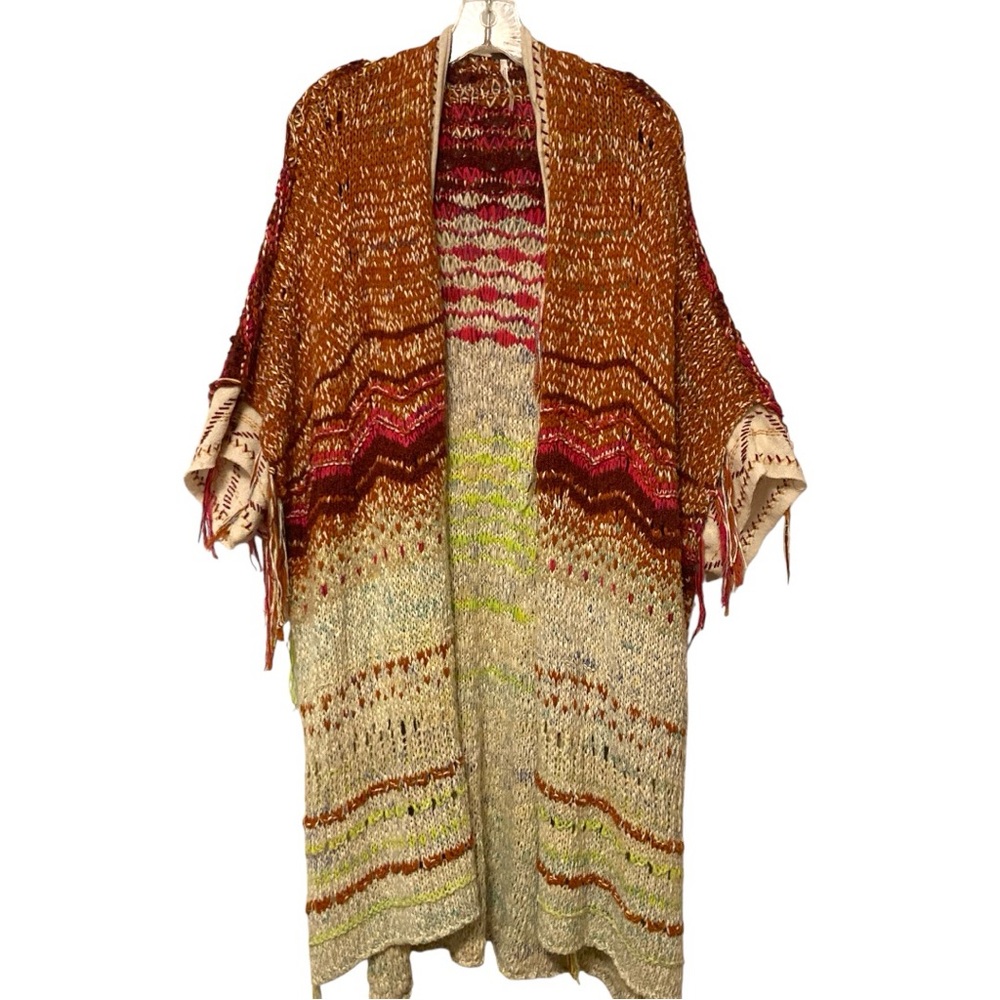 Free People Knitted Fringe Cardigan Sweater Boho 70’s Hippie Poncho Small